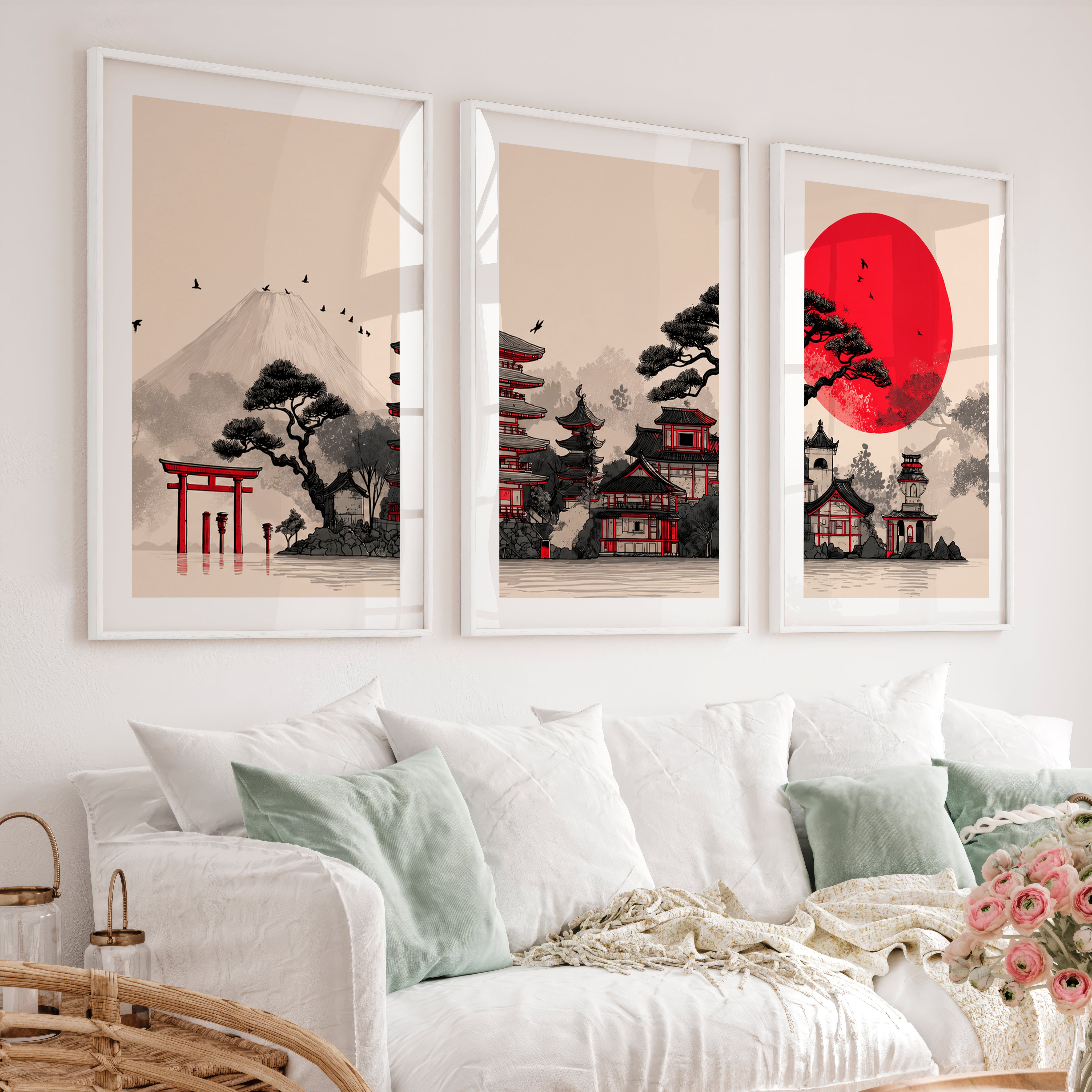 Japanese Art Print Featuring Twisted Pine and Full Moon - White Framed Poster with White Border - Artworksets