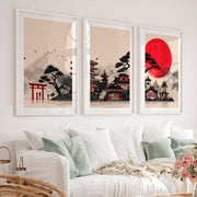 Japanese Art Print Featuring Twisted Pine and Full Moon - White Framed Poster with White Border - Artworksets