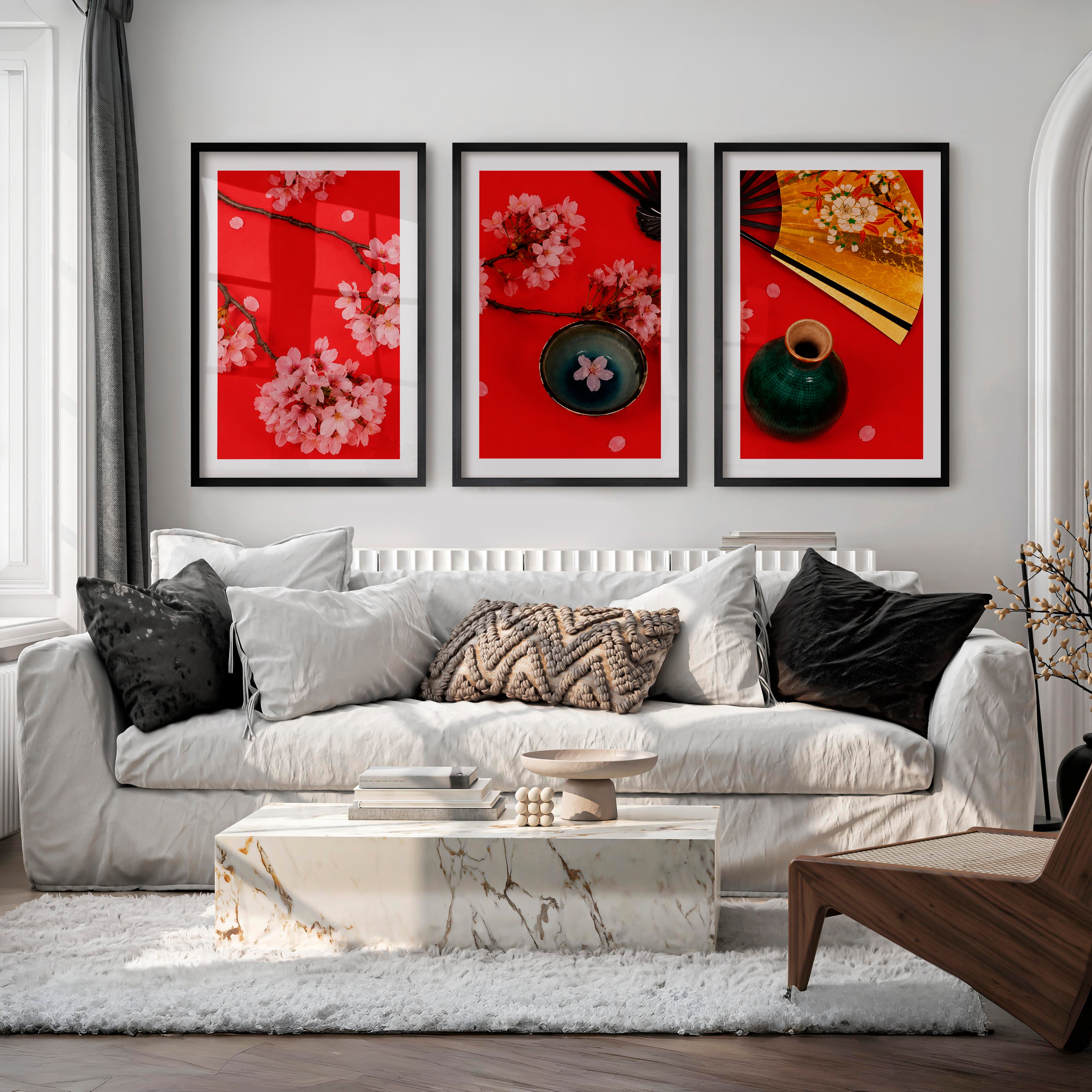 Graceful Abstract Set of Japanese Art Prints for Sale Featuring Black Ink Brushstrokes - Black Framed Poster with White Border - Artworksets