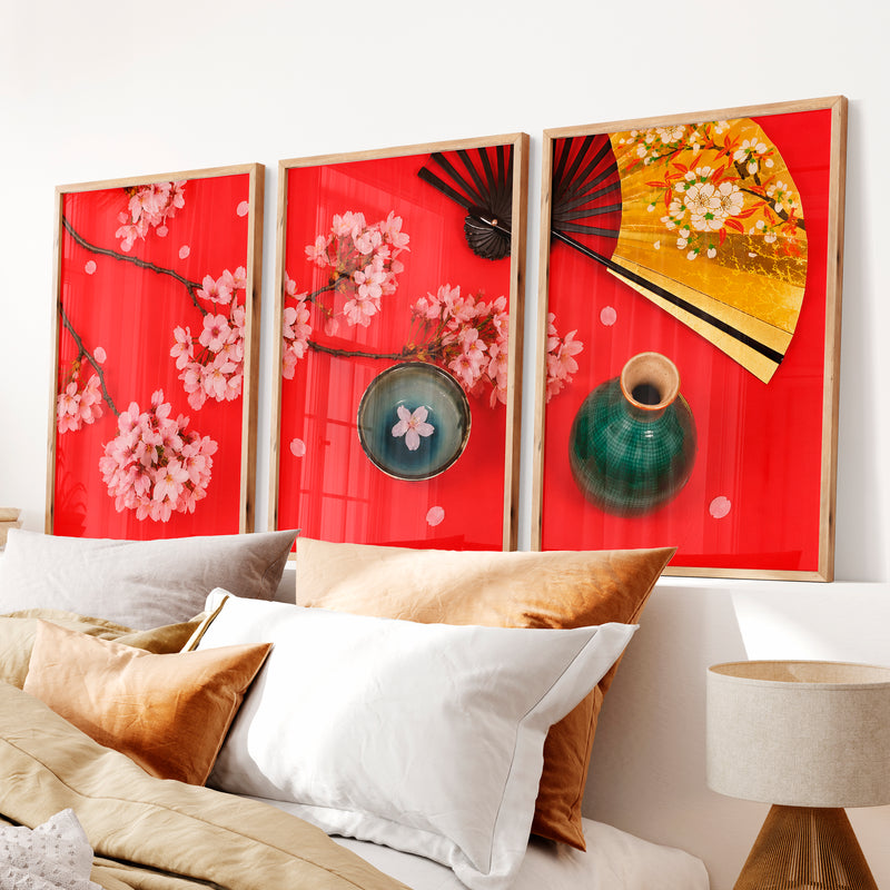 Graceful Abstract Set of Japanese Art Prints for Sale Featuring Black Ink Brushstrokes - Natural Wood Framed Poster No Border - Artworksets