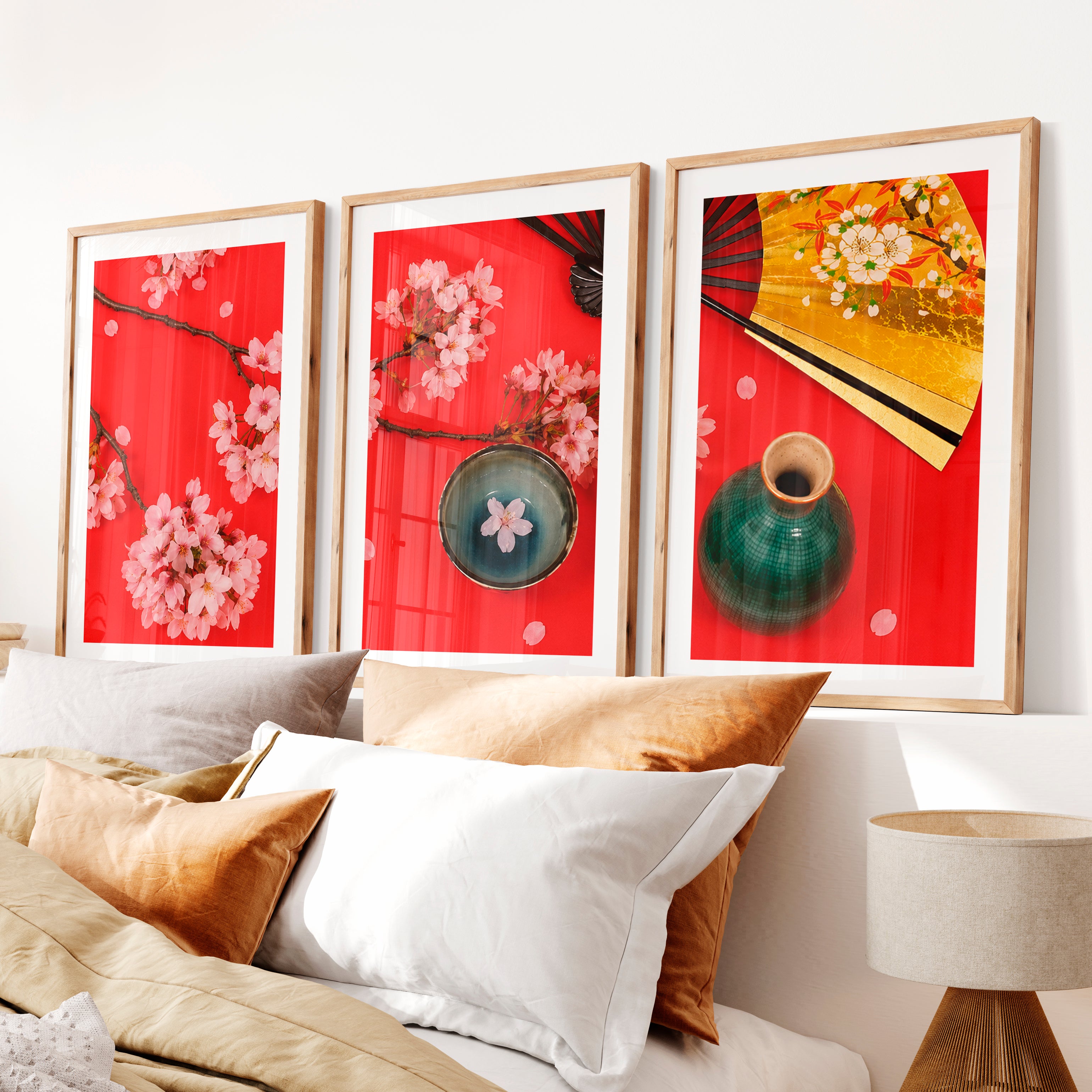 Graceful Abstract Set of Japanese Art Prints for Sale Featuring Black Ink Brushstrokes- Natural Wood Framed Poster with White Border - Artworksets
