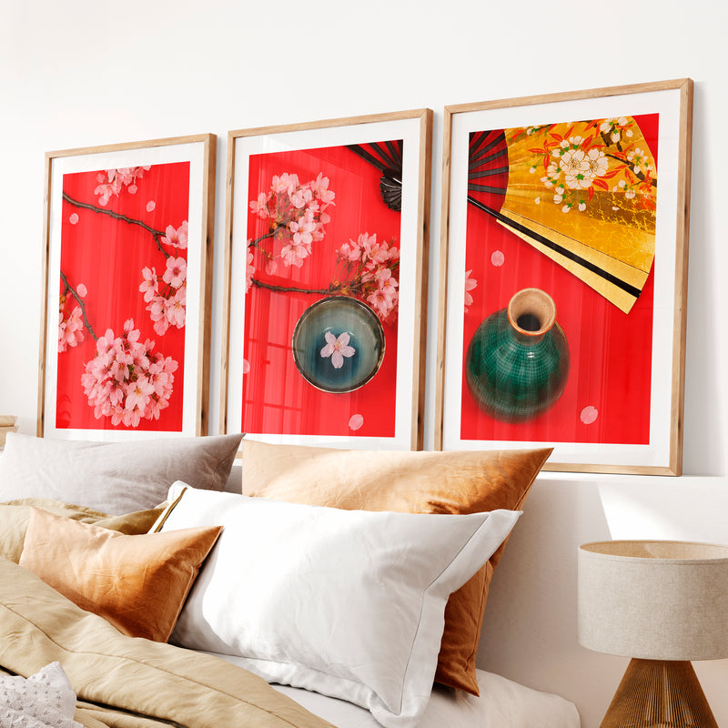 Graceful Abstract Set of Japanese Art Prints for Sale Featuring Black Ink Brushstrokes- Natural Wood Framed Poster with White Border - Artworksets