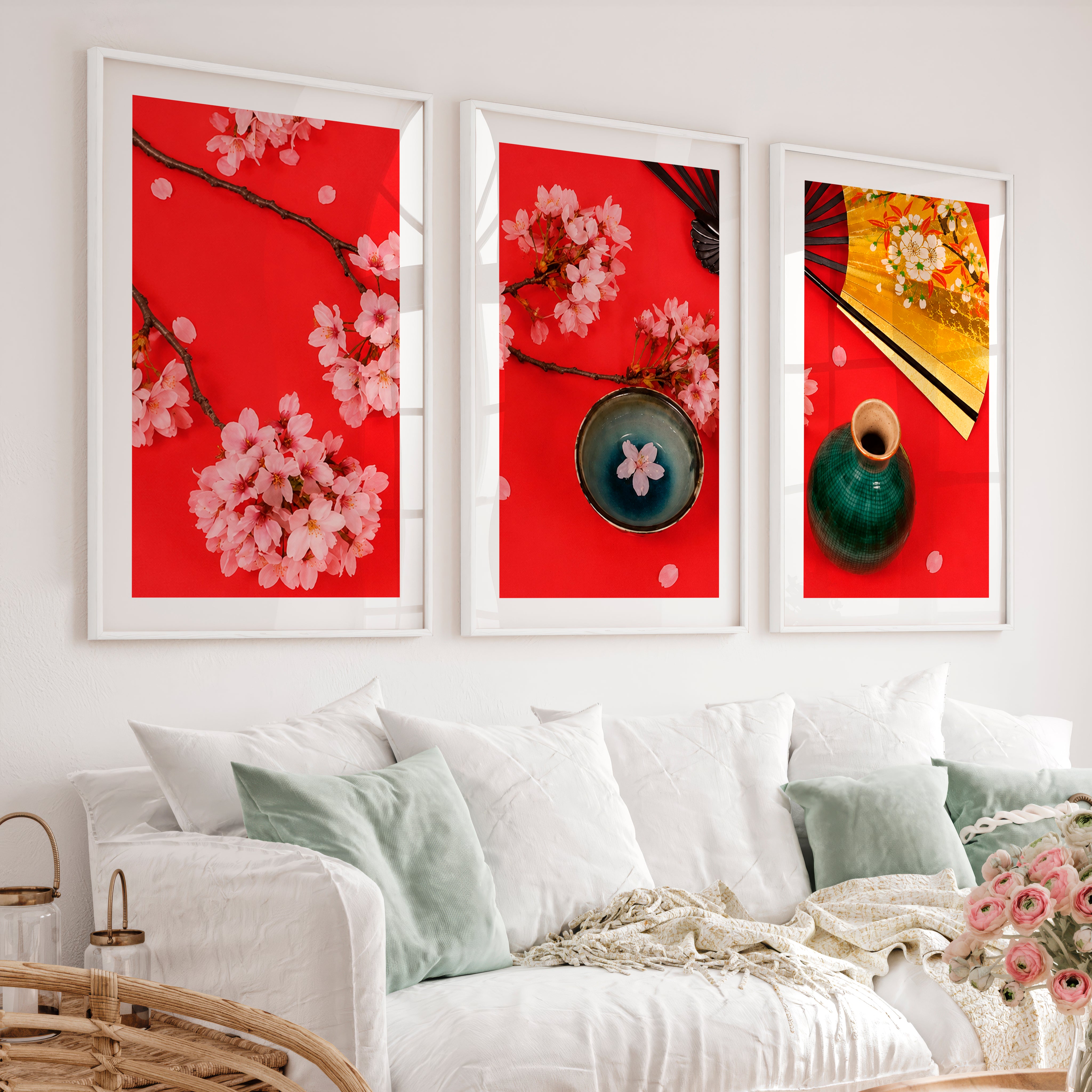 Graceful Abstract Set of Japanese Art Prints for Sale Featuring Black Ink Brushstrokes - White Framed Poster with White Border - Artworksets