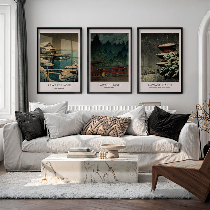 Snow Temple japanese art prints for sale Set - Black Framed Poster No Border - Artworksets