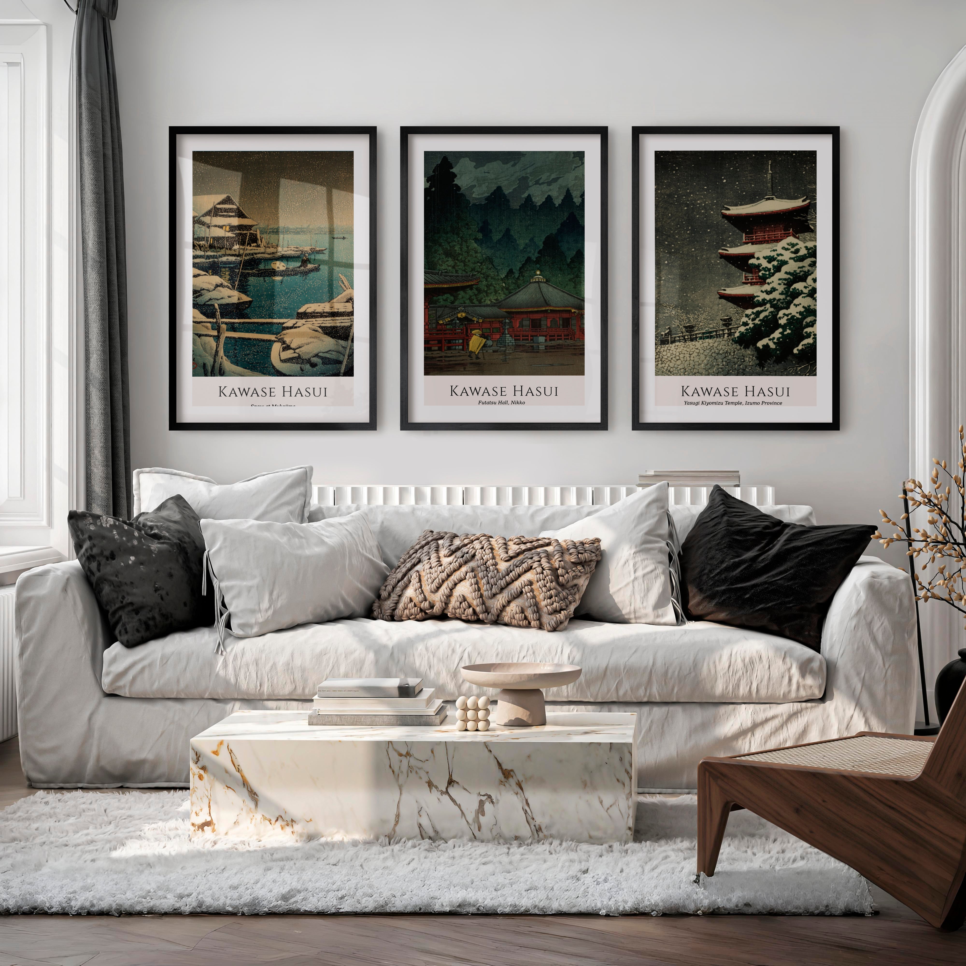 Snow Temple japanese art prints for sale Set - Black Framed Poster with White Border - Artworksets