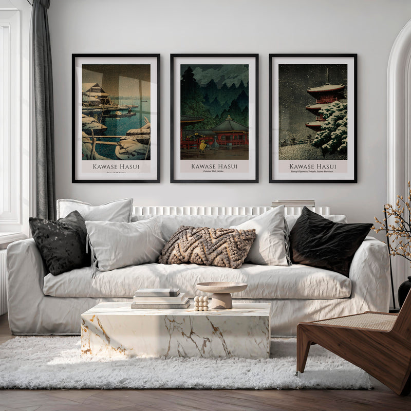 Snow Temple japanese art prints for sale Set - Black Framed Poster with White Border - Artworksets