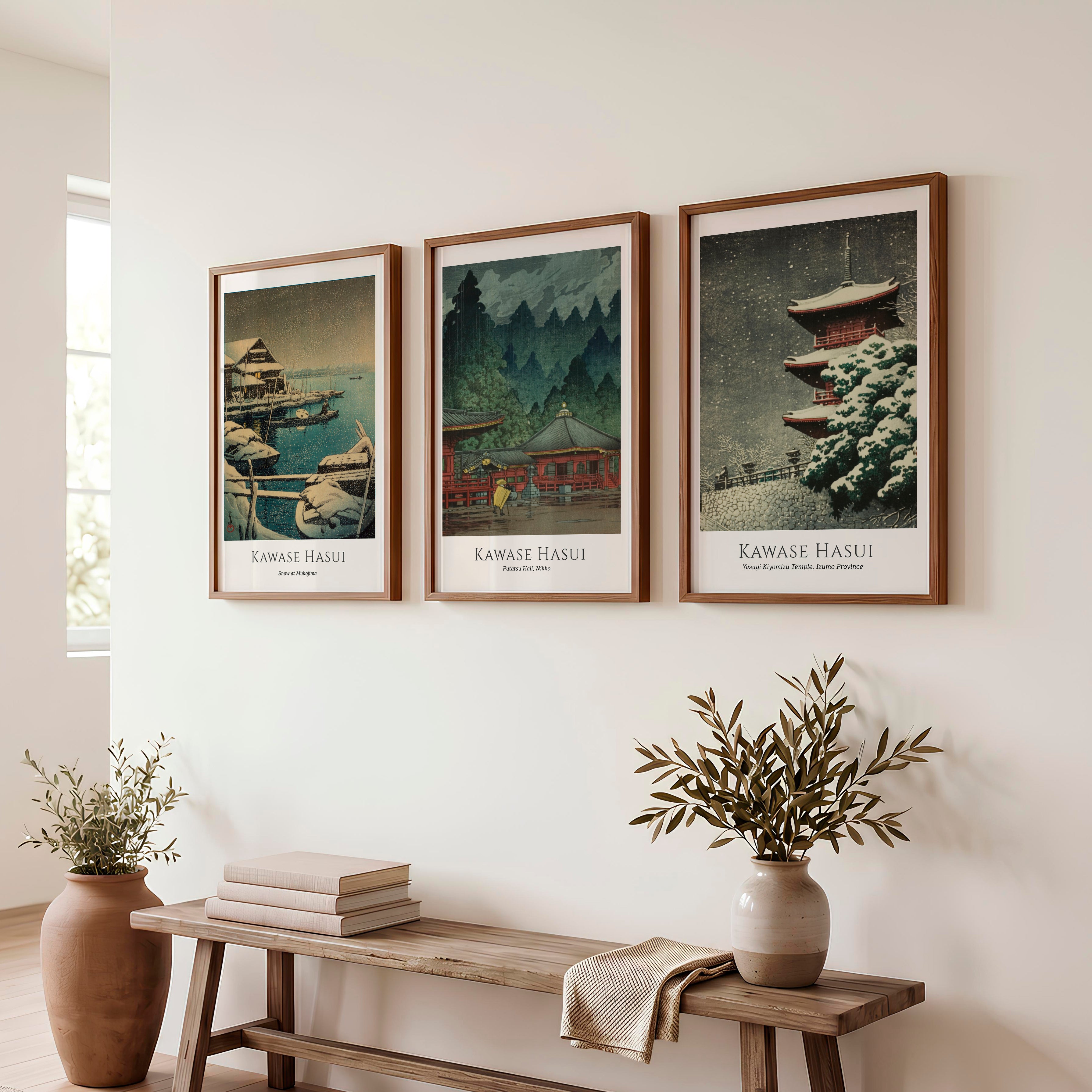 Snow Temple japanese art prints for sale Set - Dark Brown Framed Poster No Border - Artworksets