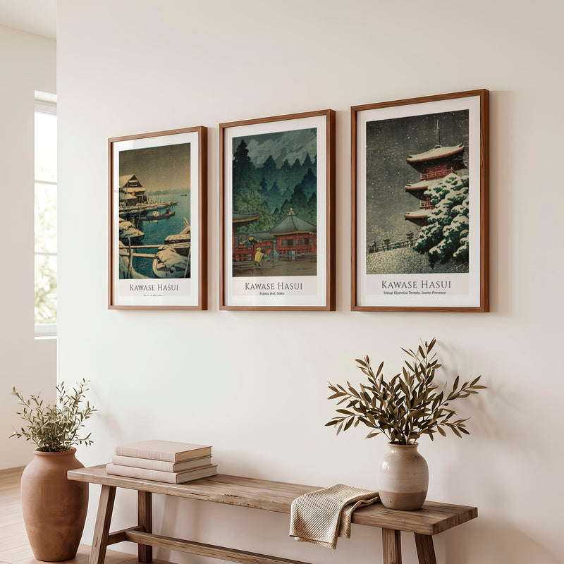 Snow Temple japanese art prints for sale Set - Dark Brown Framed Poster with White Border - Artworksets