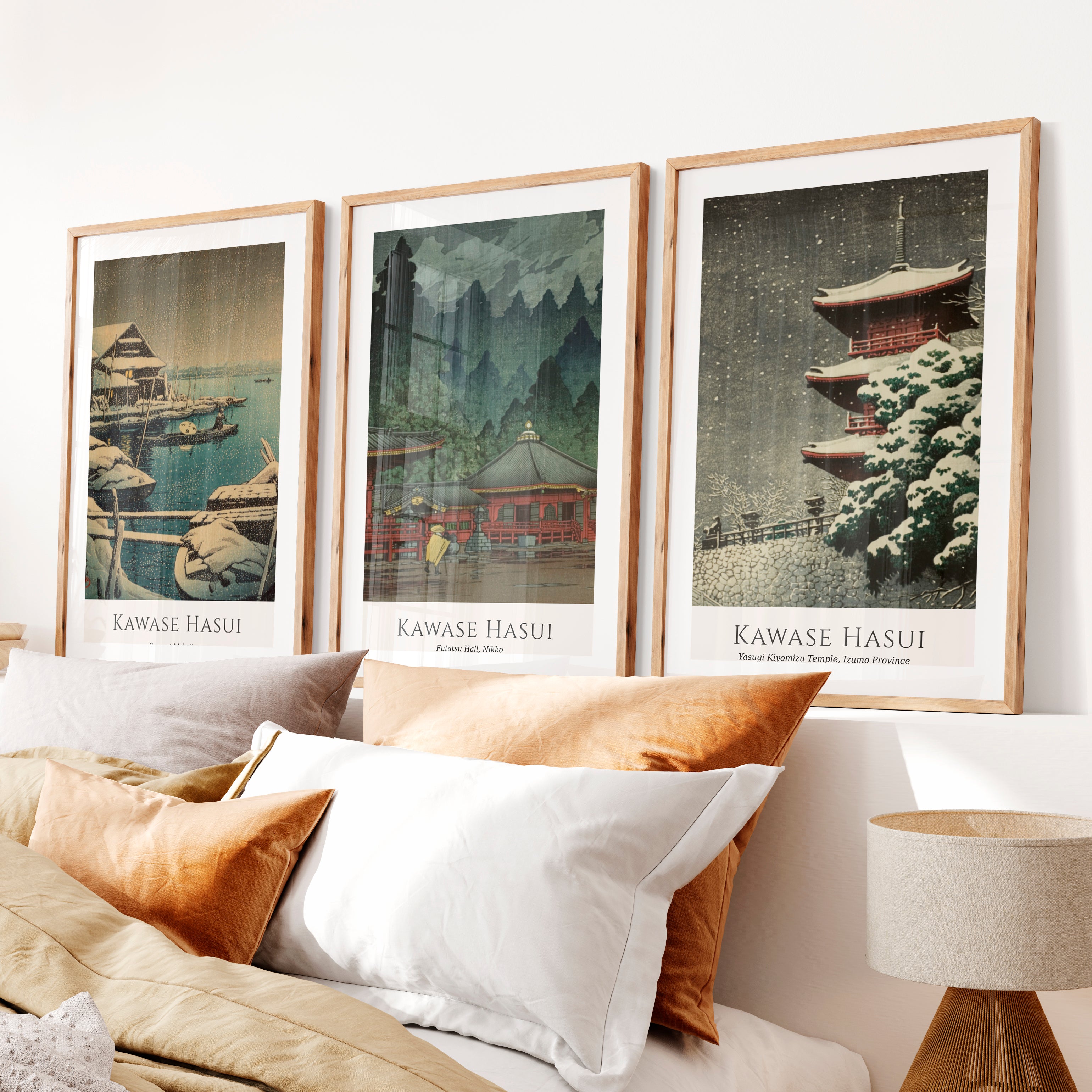 Snow Temple japanese art prints for sale Set- Natural Wood Framed Poster with White Border - Artworksets
