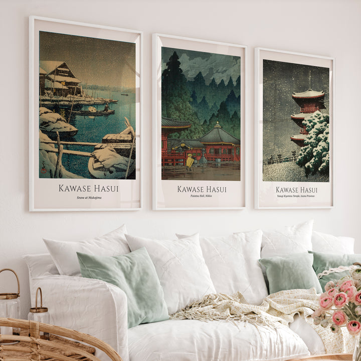 Snow Temple japanese art prints for sale Set - White Framed Poster No Border - Artworksets