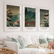 Snow Temple japanese art prints for sale Set - White Framed Poster with White Border - Artworksets