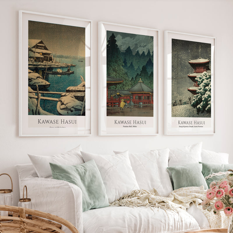 Snow Temple japanese art prints for sale Set - White Framed Poster with White Border - Artworksets