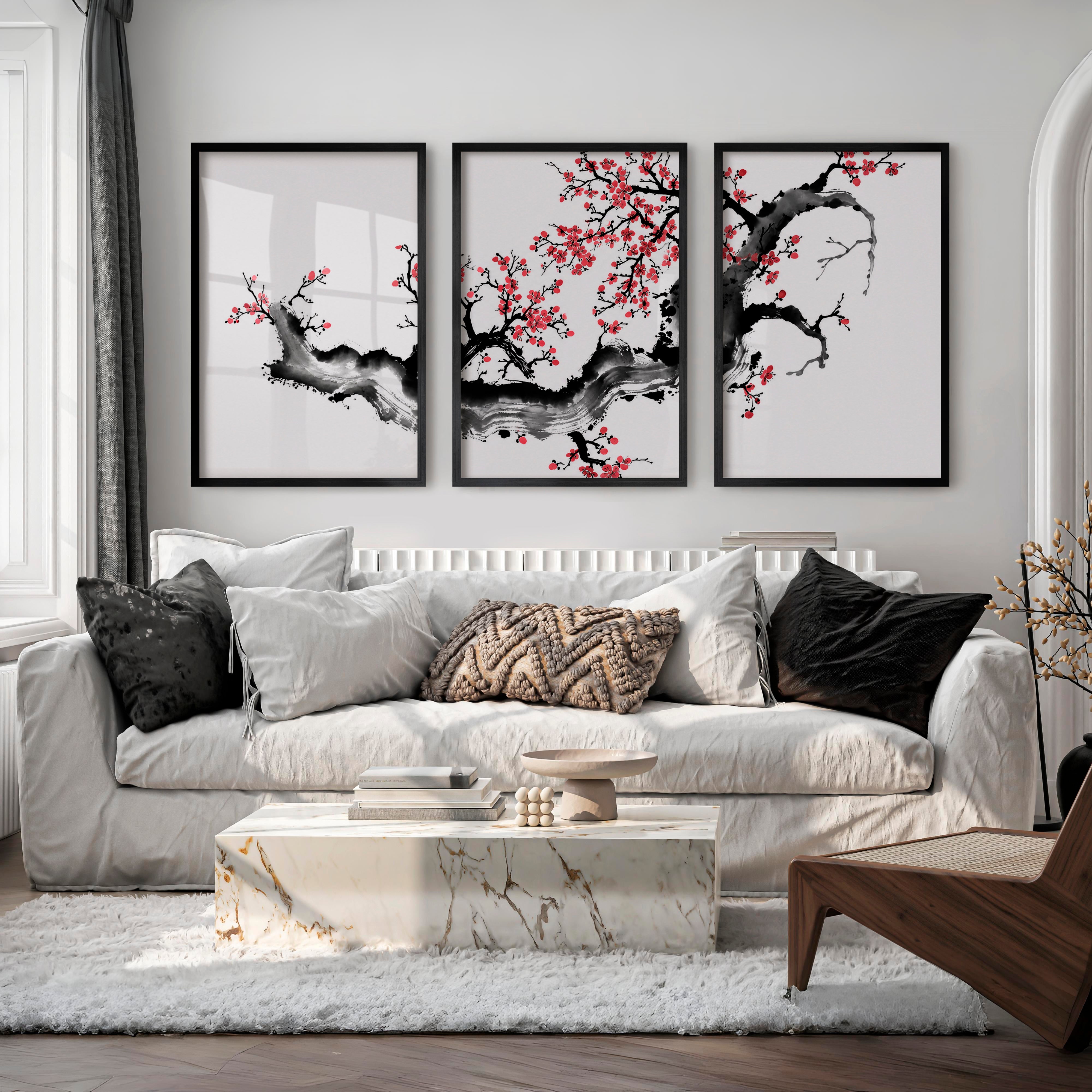 Japanese Art Featuring a Red Arched Bridge in Mountain Landscape - Black Framed Poster No Border - Artworksets