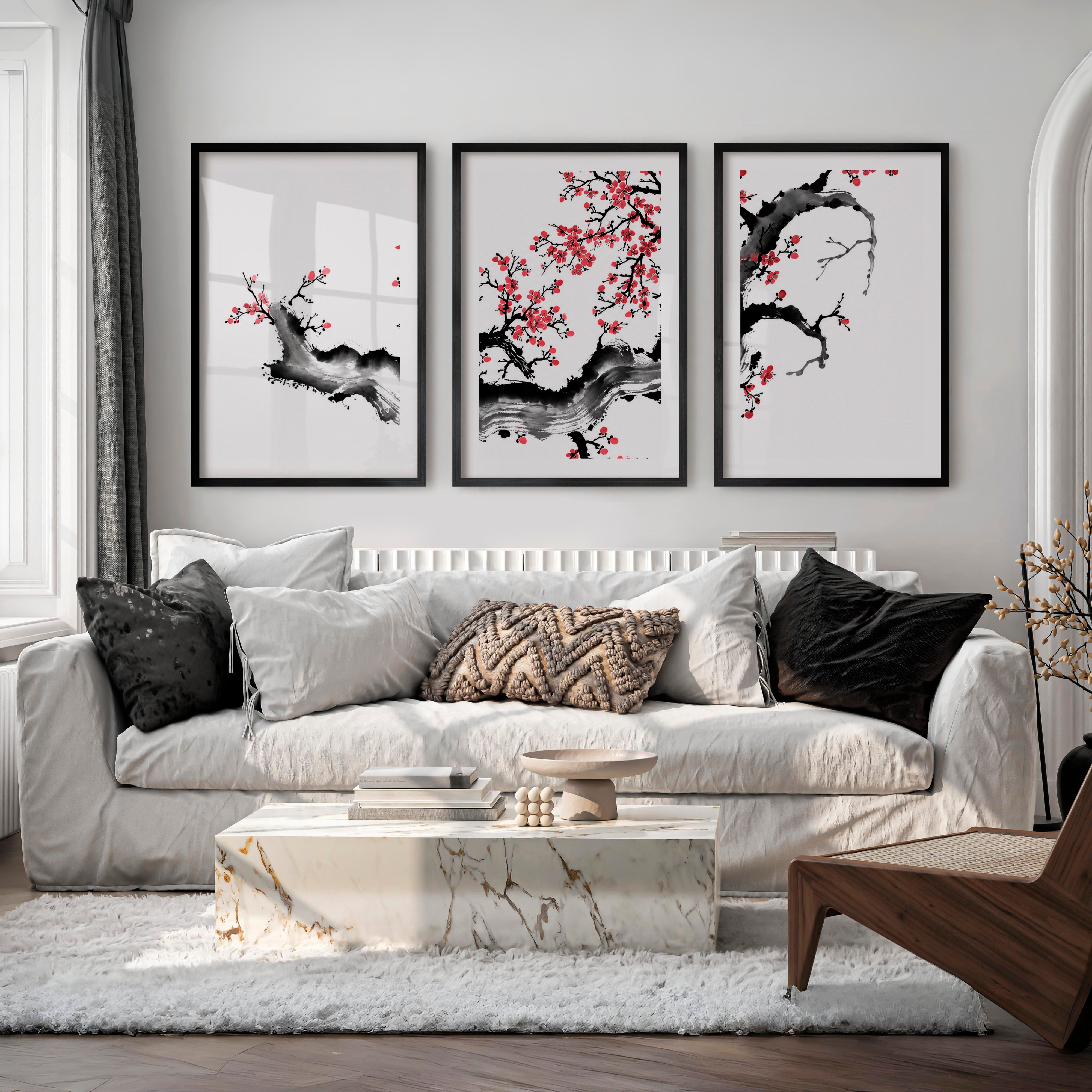 Japanese Art Featuring a Red Arched Bridge in Mountain Landscape - Black Framed Poster with White Border - Artworksets