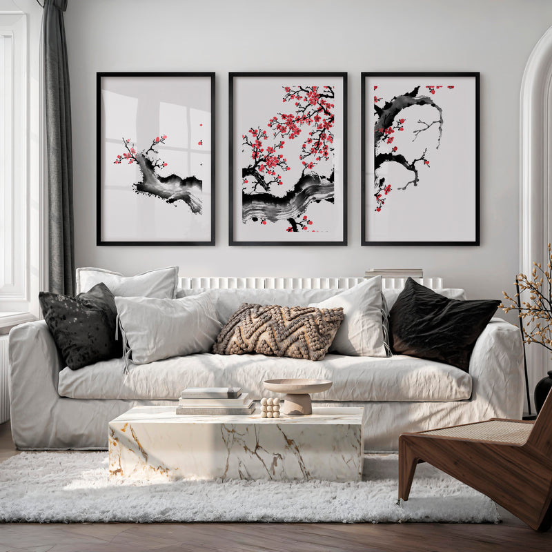 Japanese Art Featuring a Red Arched Bridge in Mountain Landscape - Black Framed Poster with White Border - Artworksets