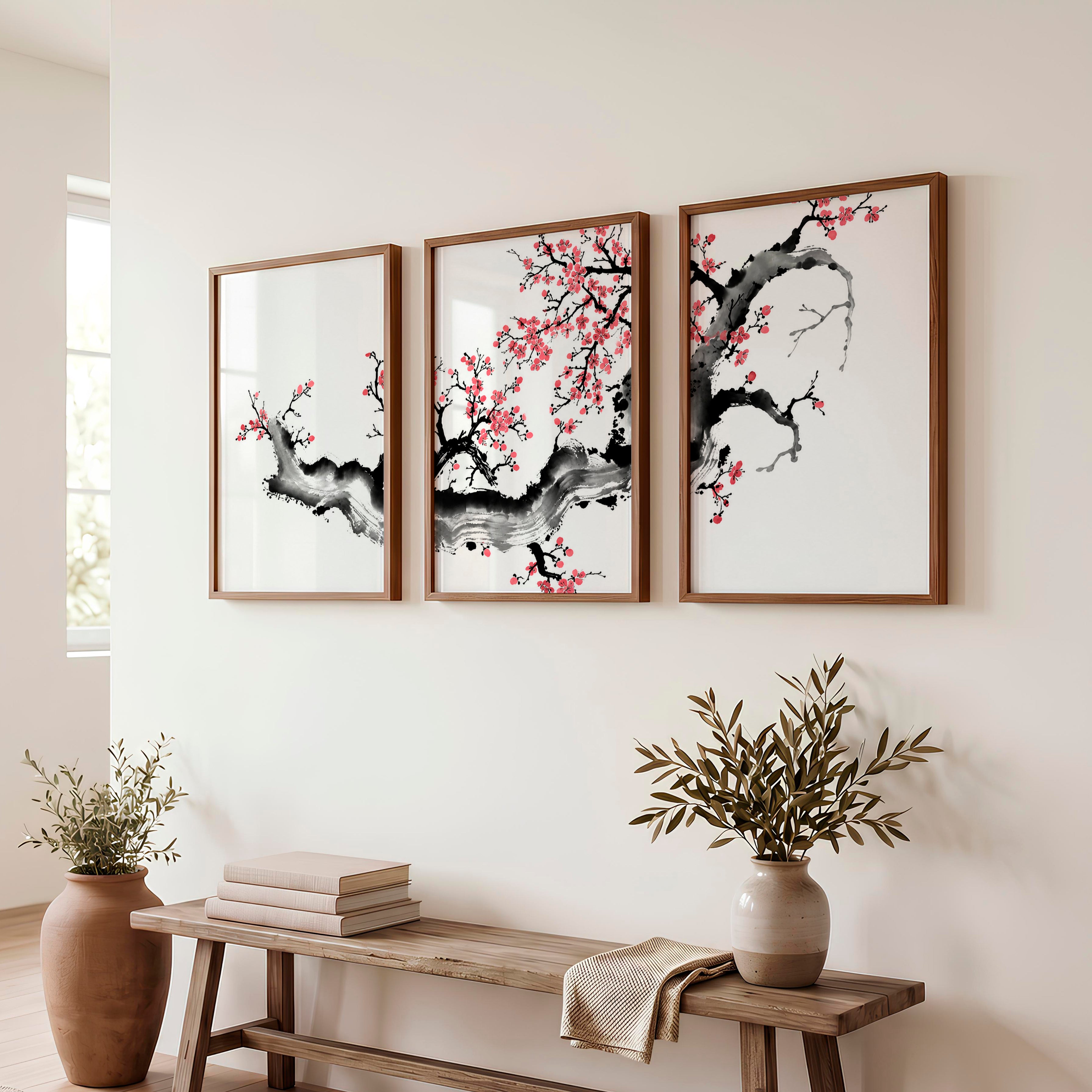 Japanese Art Featuring a Red Arched Bridge in Mountain Landscape - Dark Brown Framed Poster No Border - Artworksets