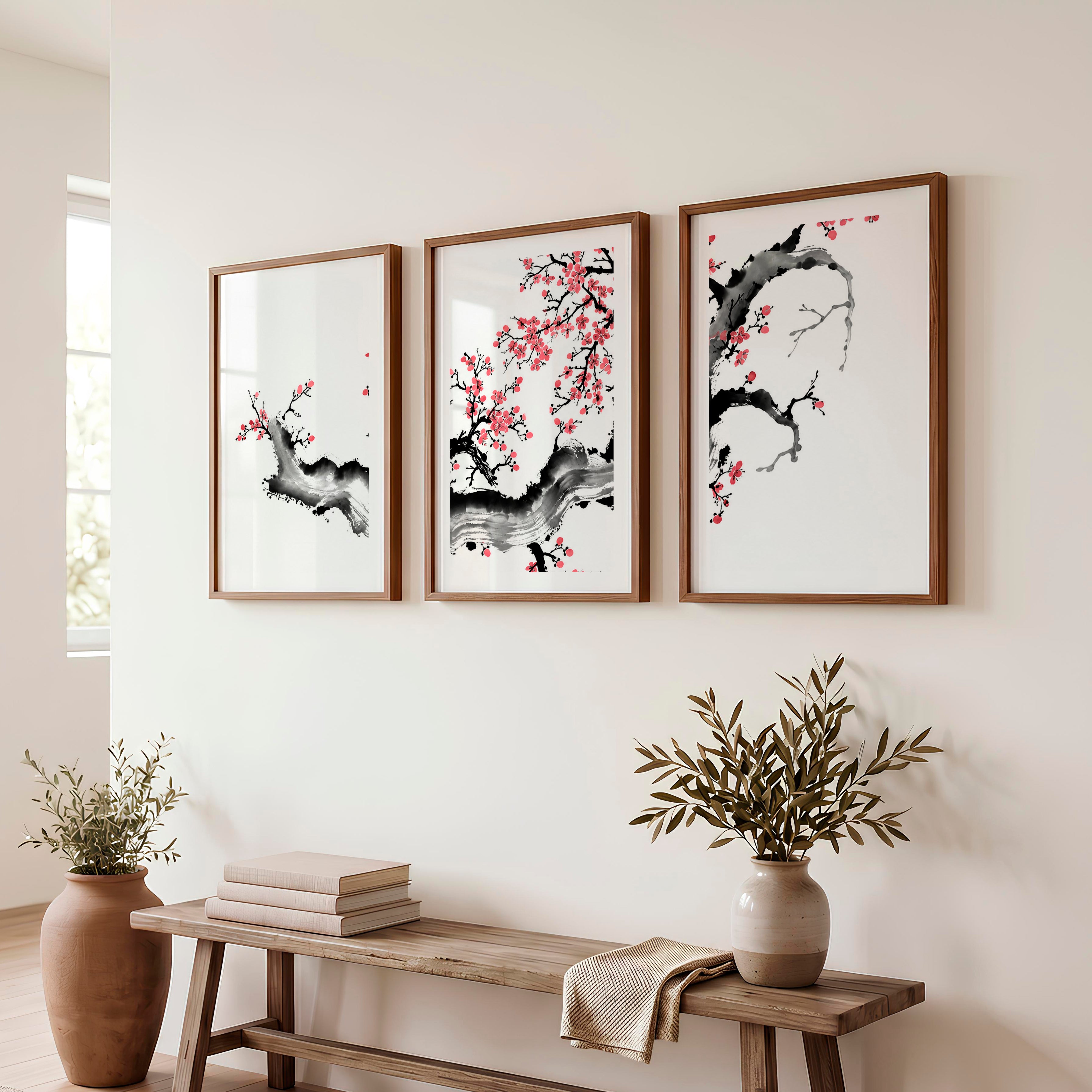 Japanese Art Featuring a Red Arched Bridge in Mountain Landscape - Dark Brown Framed Poster with White Border - Artworksets