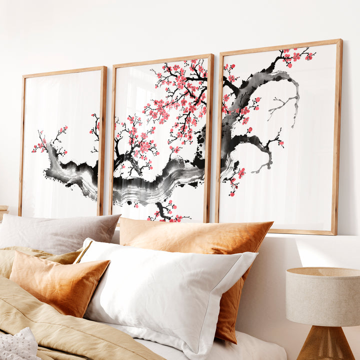 Japanese Art Featuring a Red Arched Bridge in Mountain Landscape - Natural Wood Framed Poster No Border - Artworksets