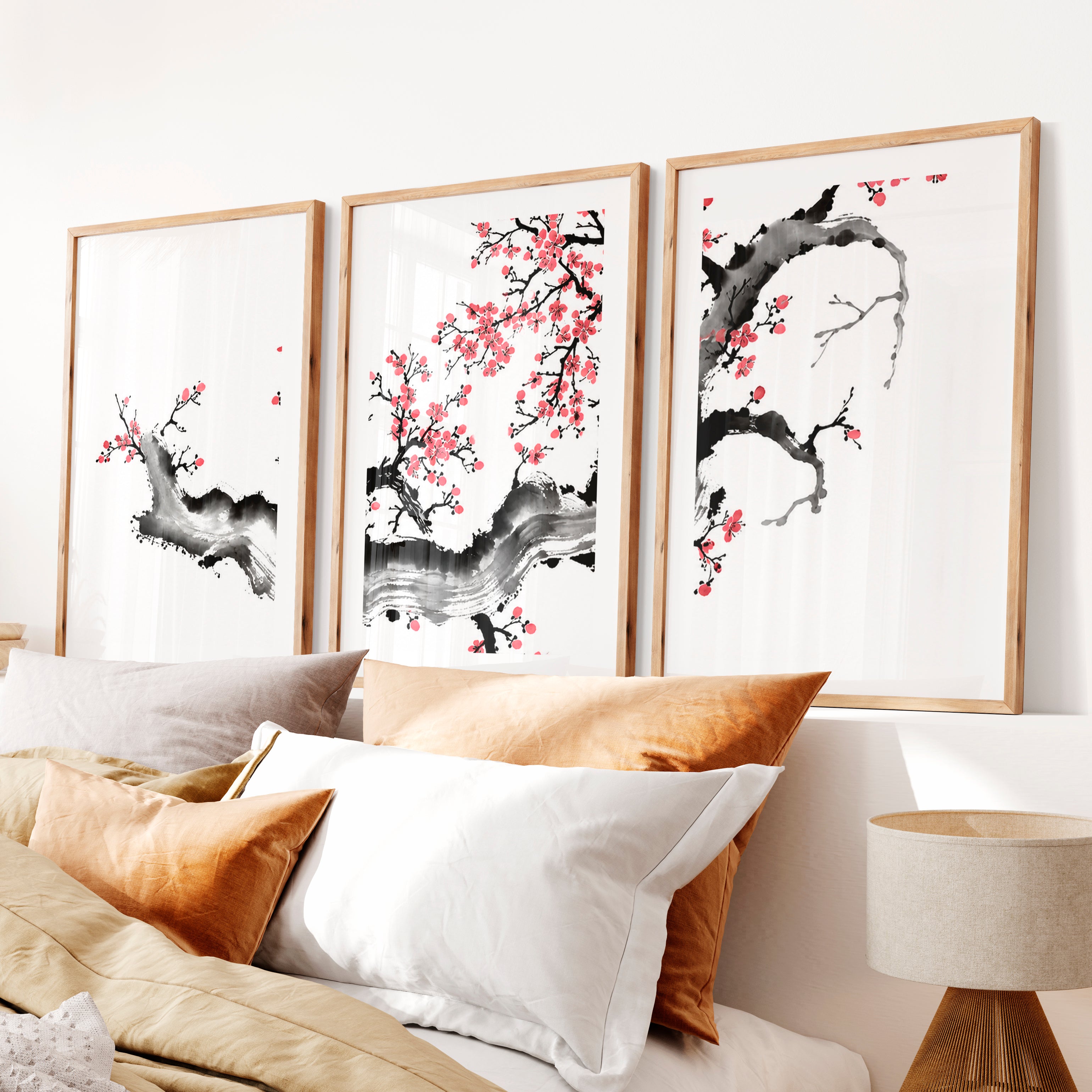 Japanese Art Featuring a Red Arched Bridge in Mountain Landscape- Natural Wood Framed Poster with White Border - Artworksets
