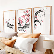Japanese Art Featuring a Red Arched Bridge in Mountain Landscape- Natural Wood Framed Poster with White Border - Artworksets
