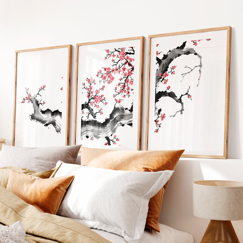 Japanese Art Featuring a Red Arched Bridge in Mountain Landscape- Natural Wood Framed Poster with White Border - Artworksets