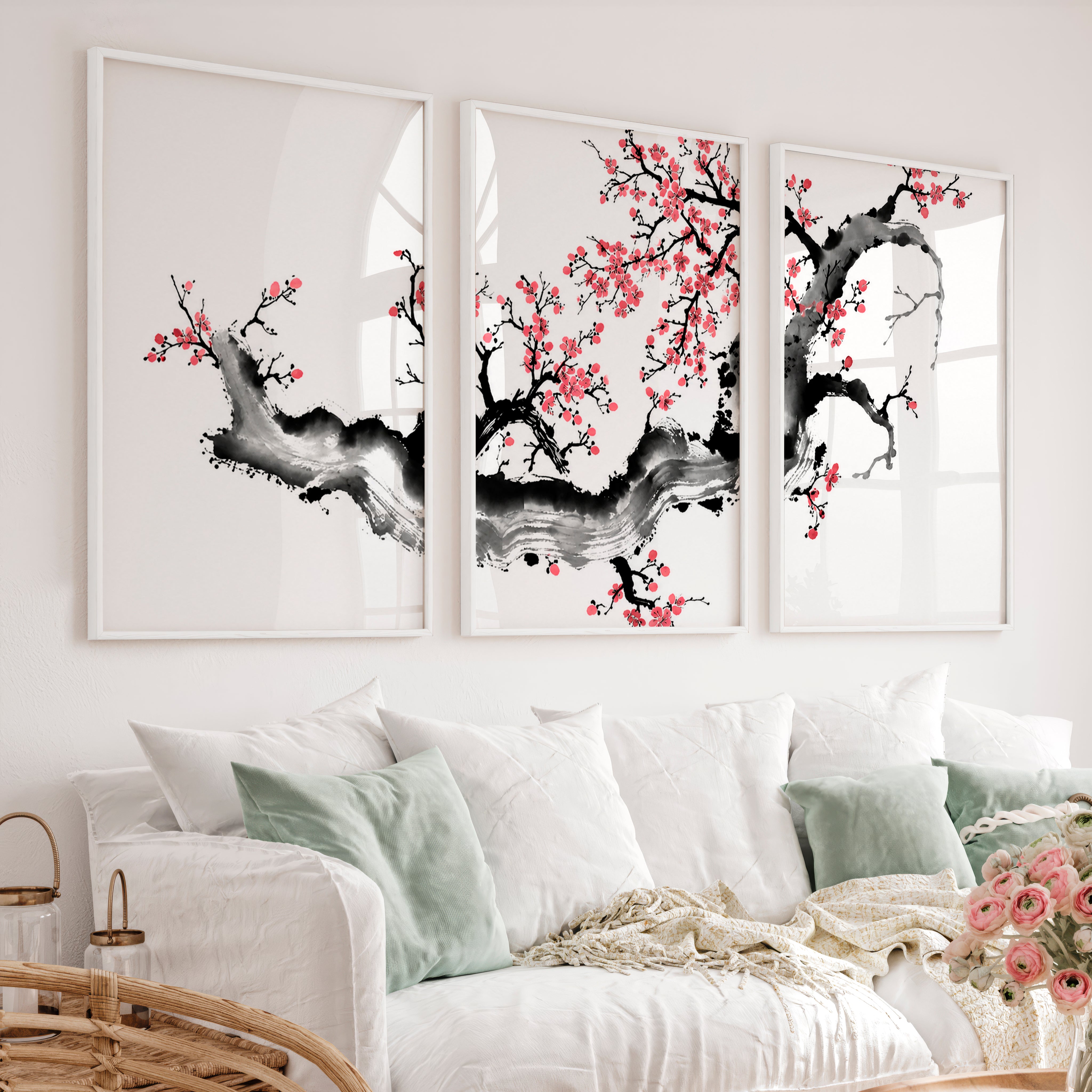 Japanese Art Featuring a Red Arched Bridge in Mountain Landscape - White Framed Poster No Border - Artworksets