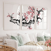 Japanese Art Featuring a Red Arched Bridge in Mountain Landscape - White Framed Poster No Border - Artworksets