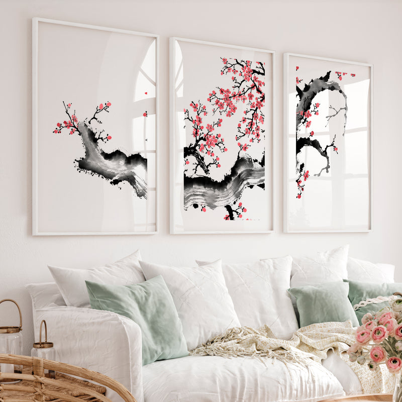 Japanese Art Featuring a Red Arched Bridge in Mountain Landscape - White Framed Poster with White Border - Artworksets