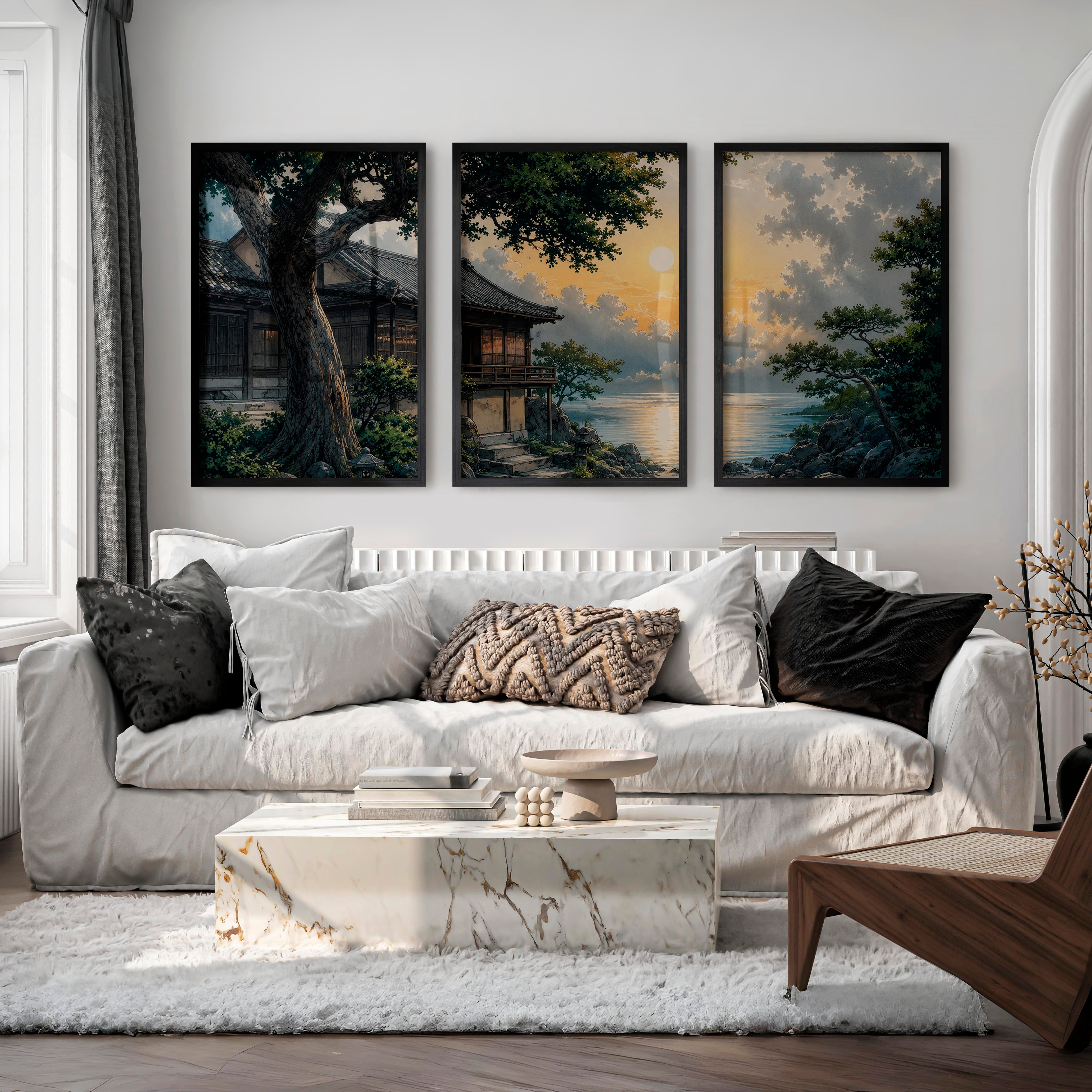 Japanese Art Featuring Red Cranes and Torii Gate Triptych - Black Framed Poster No Border - Artworksets