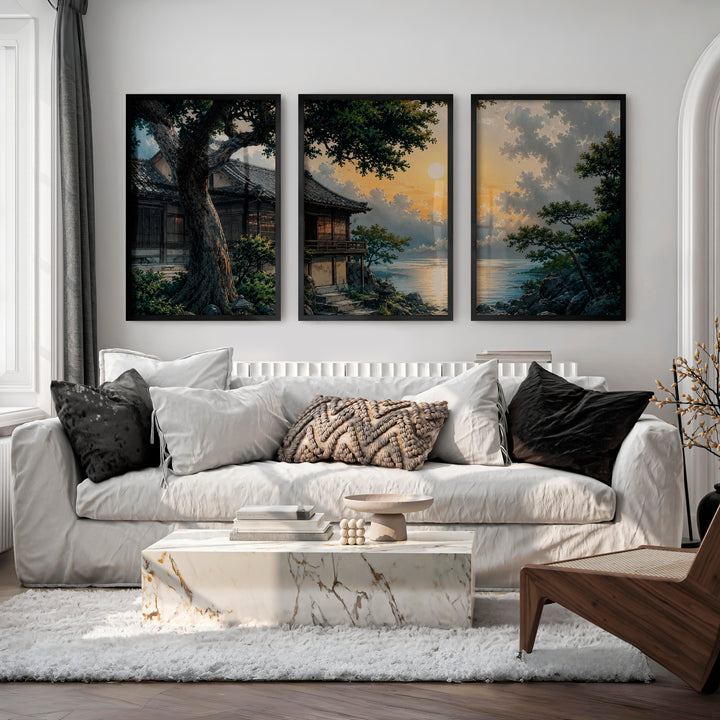 Japanese Art Featuring Red Cranes and Torii Gate Triptych - Black Framed Poster No Border - Artworksets