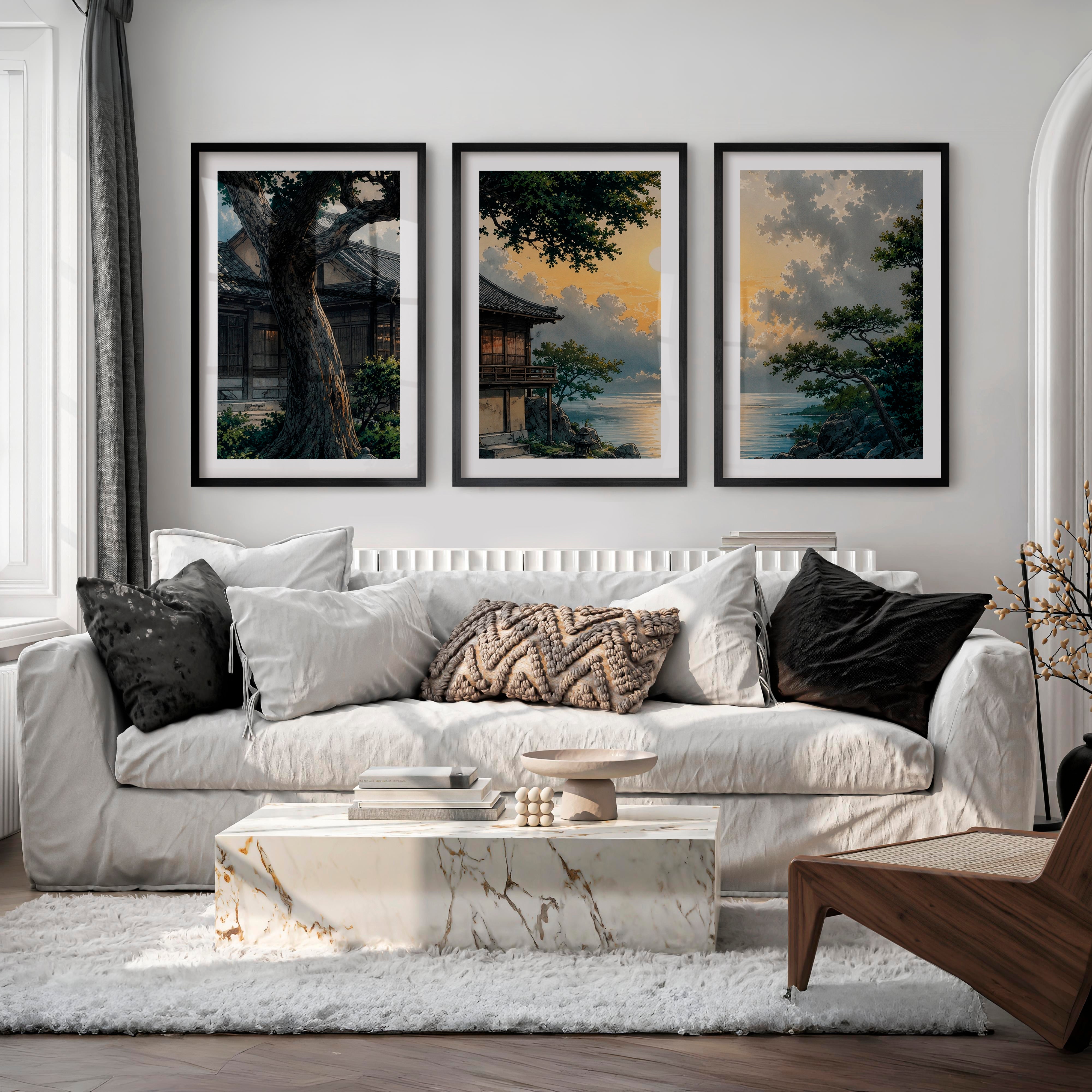 Japanese Art Featuring Red Cranes and Torii Gate Triptych - Black Framed Poster with White Border - Artworksets