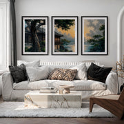 Japanese Art Featuring Red Cranes and Torii Gate Triptych - Black Framed Poster with White Border - Artworksets