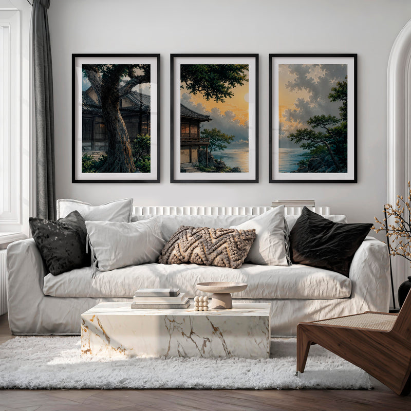 Japanese Art Featuring Red Cranes and Torii Gate Triptych - Black Framed Poster with White Border - Artworksets