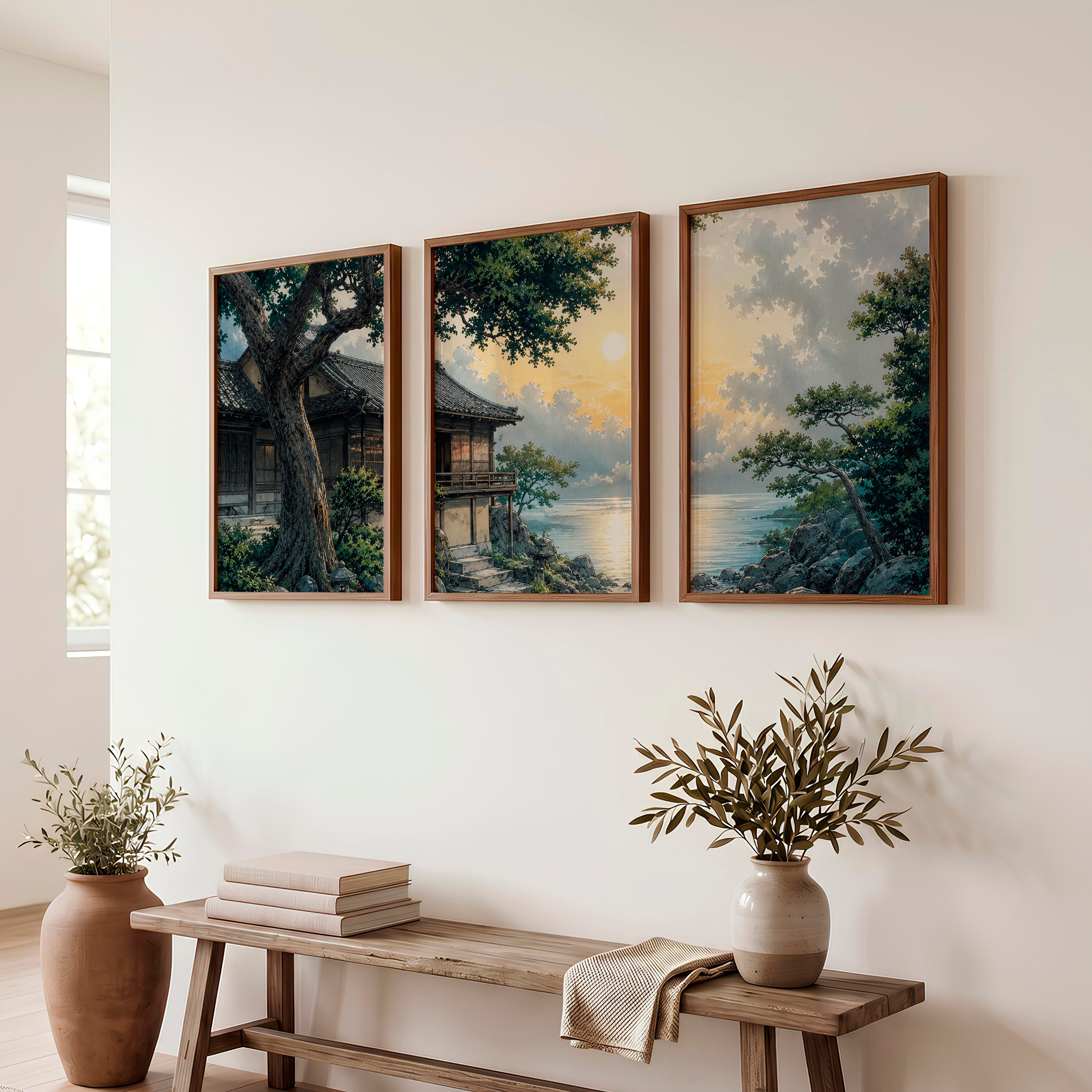 Japanese Art Featuring Red Cranes and Torii Gate Triptych - Dark Brown Framed Poster No Border - Artworksets