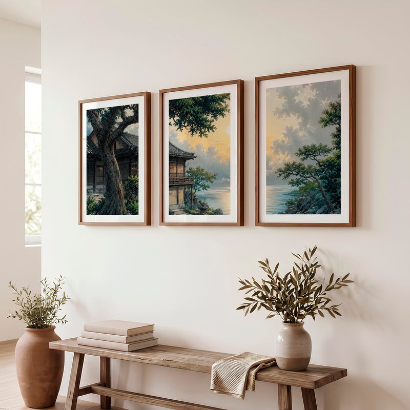 Japanese Art Featuring Red Cranes and Torii Gate Triptych - Dark Brown Framed Poster with White Border - Artworksets