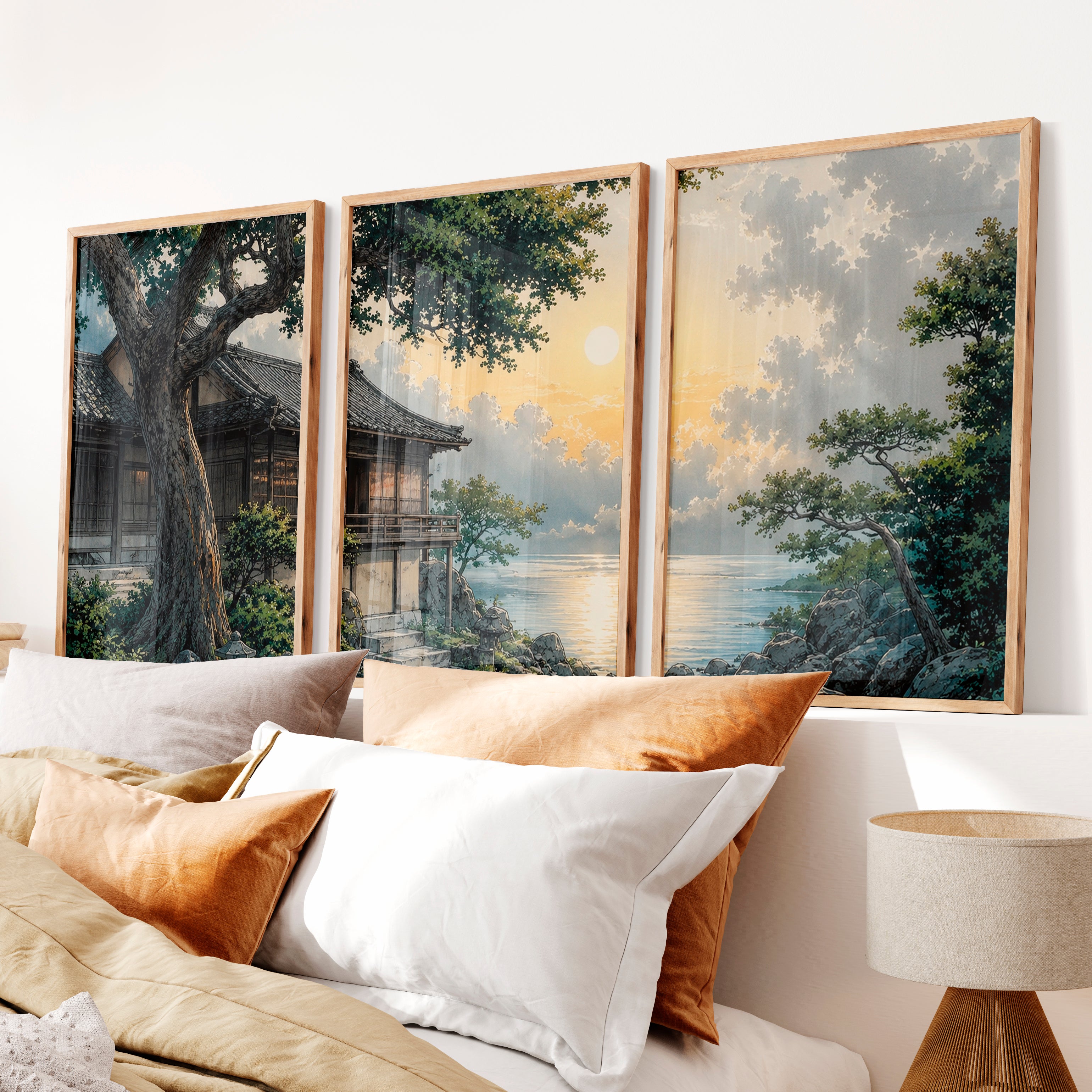 Japanese Art Featuring Red Cranes and Torii Gate Triptych - Natural Wood Framed Poster No Border - Artworksets