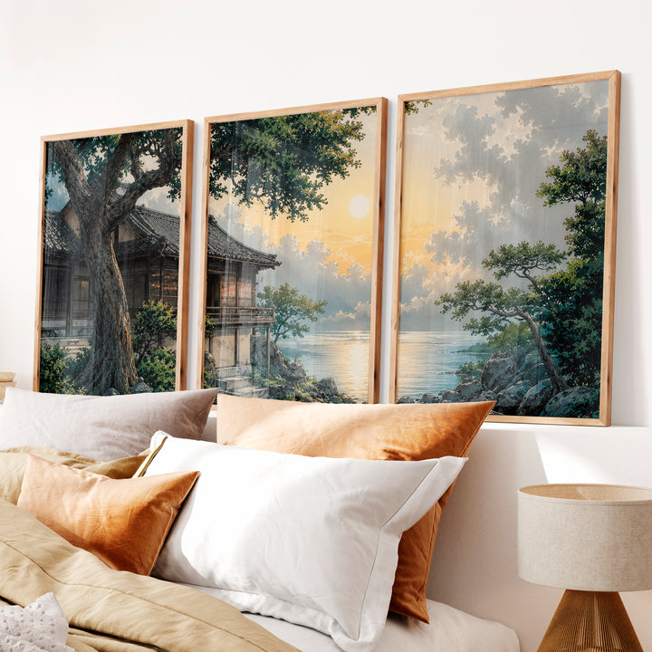 Japanese Art Featuring Red Cranes and Torii Gate Triptych - Natural Wood Framed Poster No Border - Artworksets