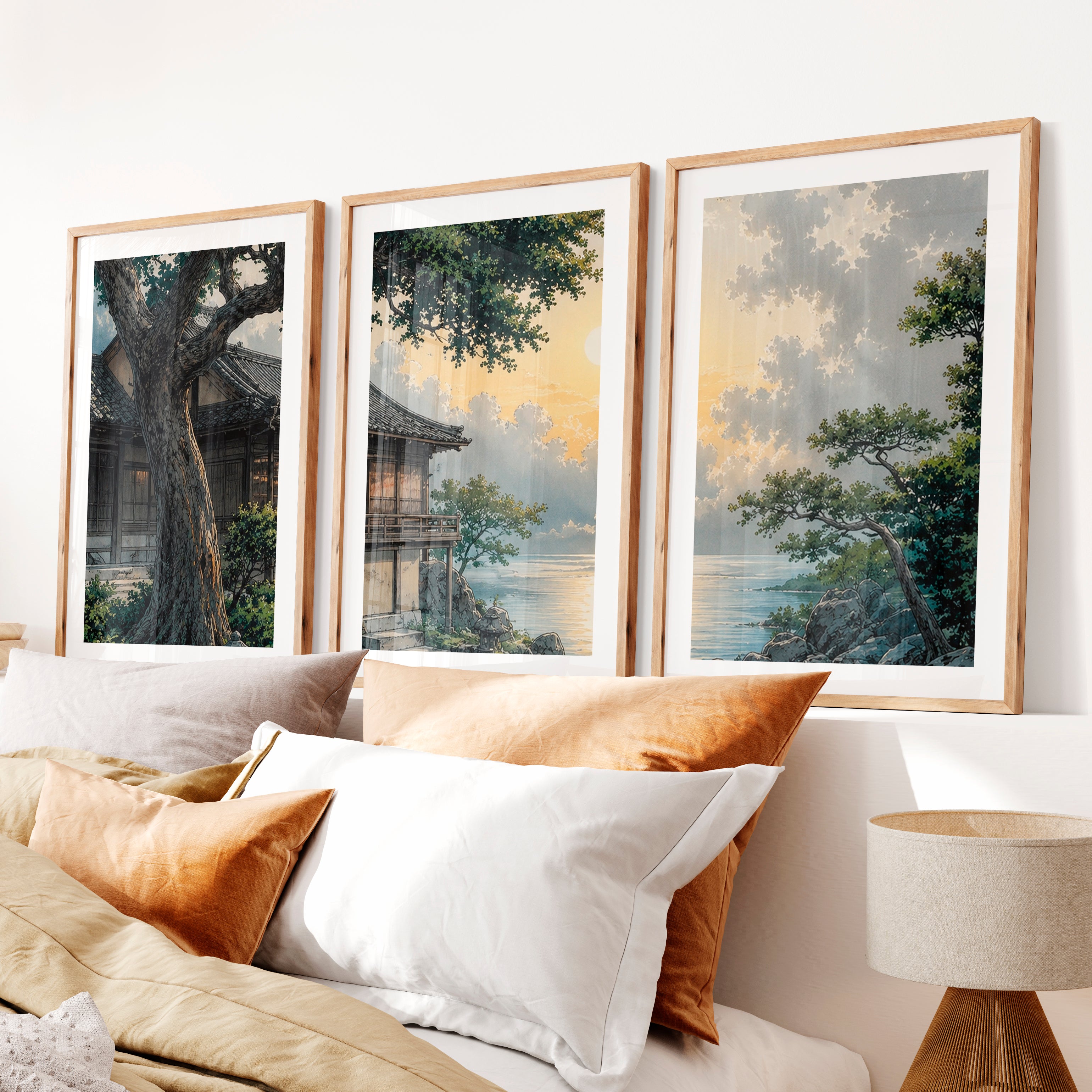 Japanese Art Featuring Red Cranes and Torii Gate Triptych- Natural Wood Framed Poster with White Border - Artworksets