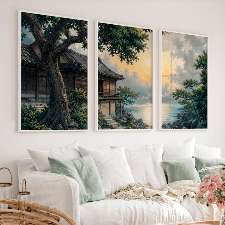 Japanese Art Featuring Red Cranes and Torii Gate Triptych - White Framed Poster No Border - Artworksets