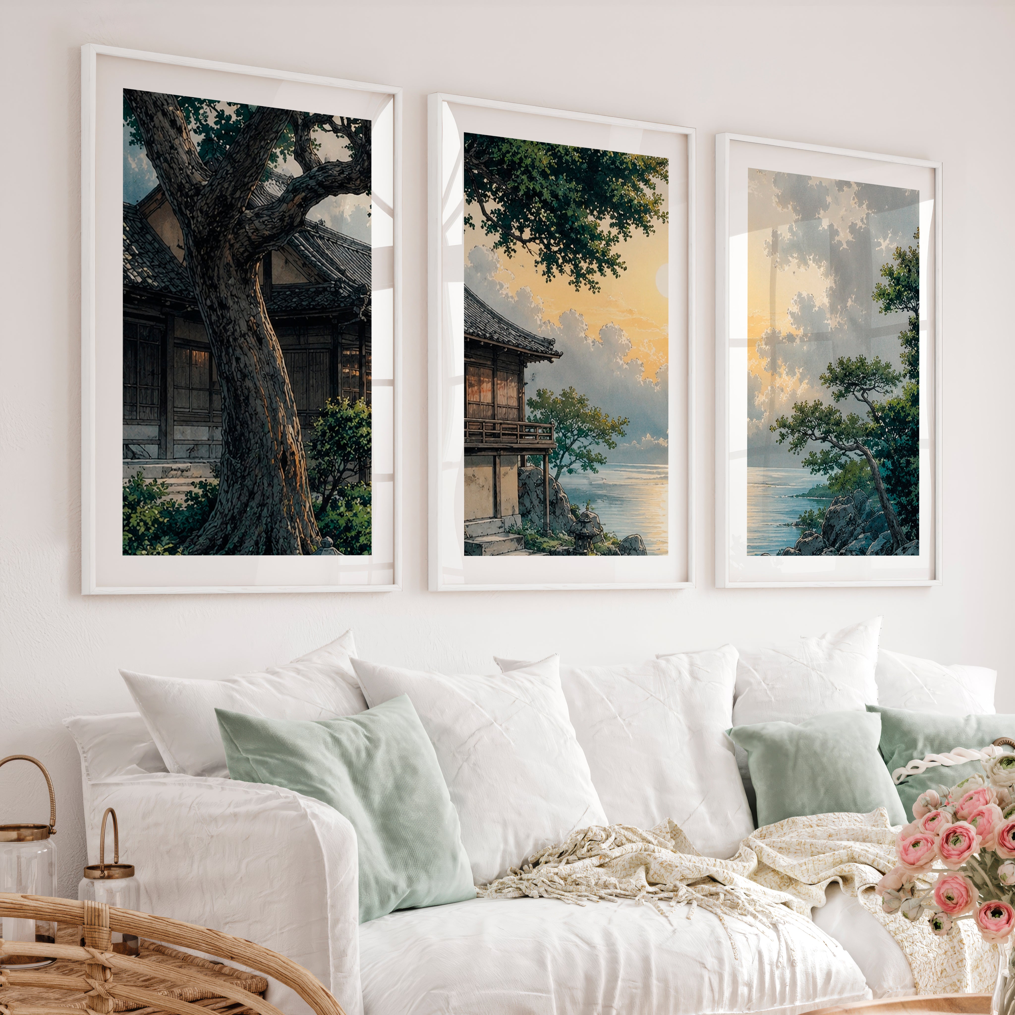 Japanese Art Featuring Red Cranes and Torii Gate Triptych - White Framed Poster with White Border - Artworksets