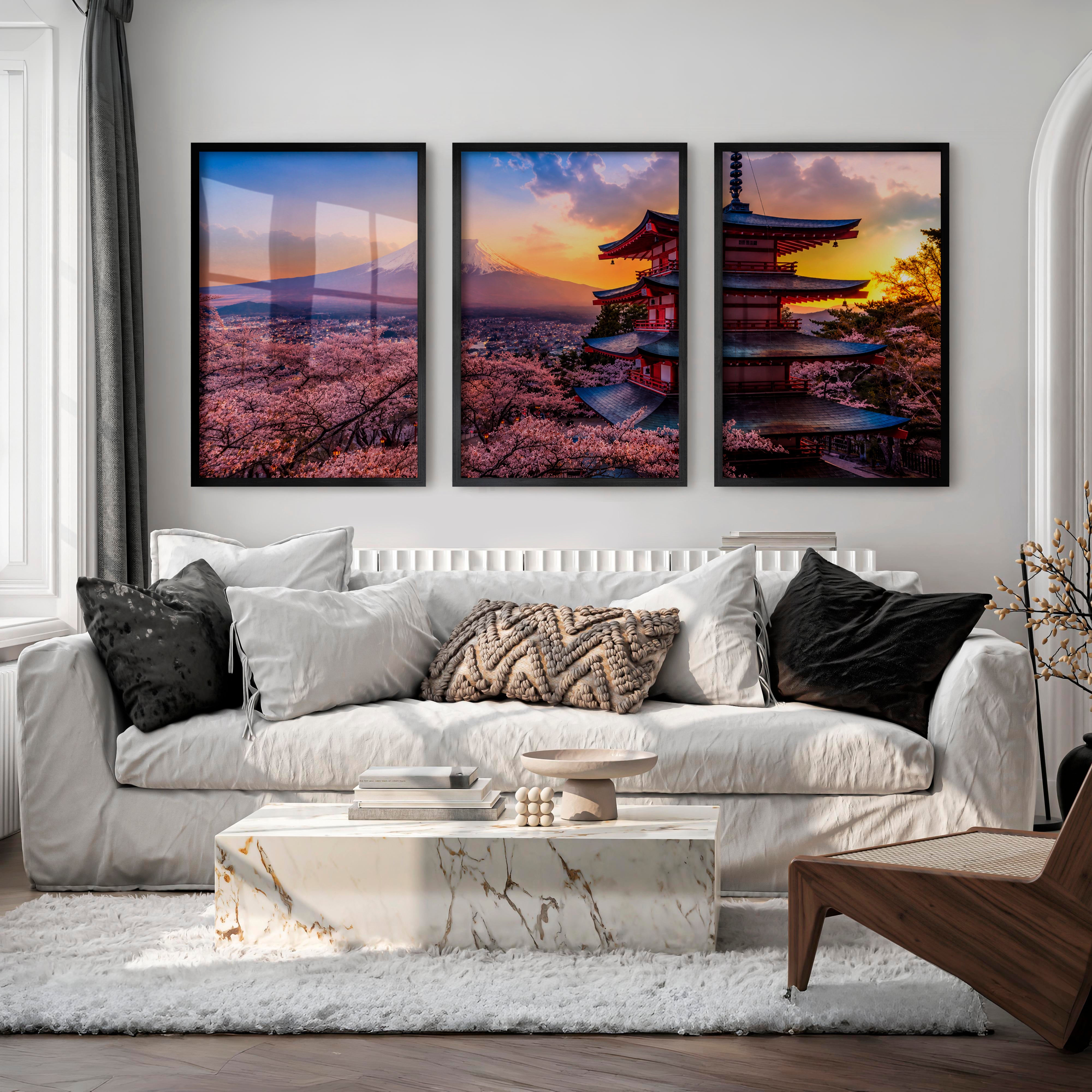 Japanese Art Simple Mountains with Bamboo Forest Set - Black Framed Poster No Border - Artworksets
