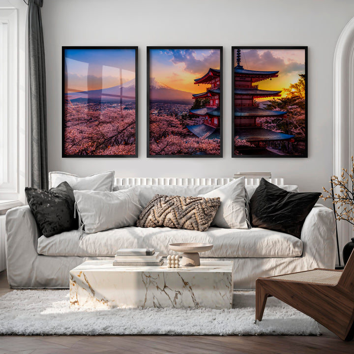 Japanese Art Simple Mountains with Bamboo Forest Set - Black Framed Poster No Border - Artworksets