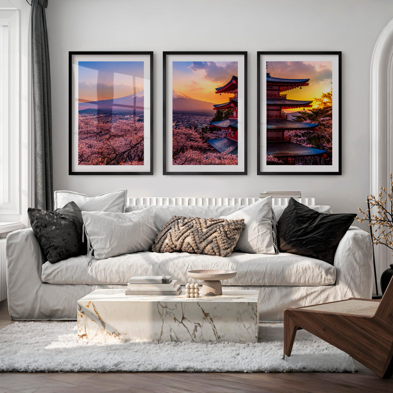Japanese Art Simple Mountains with Bamboo Forest Set - Black Framed Poster with White Border - Artworksets