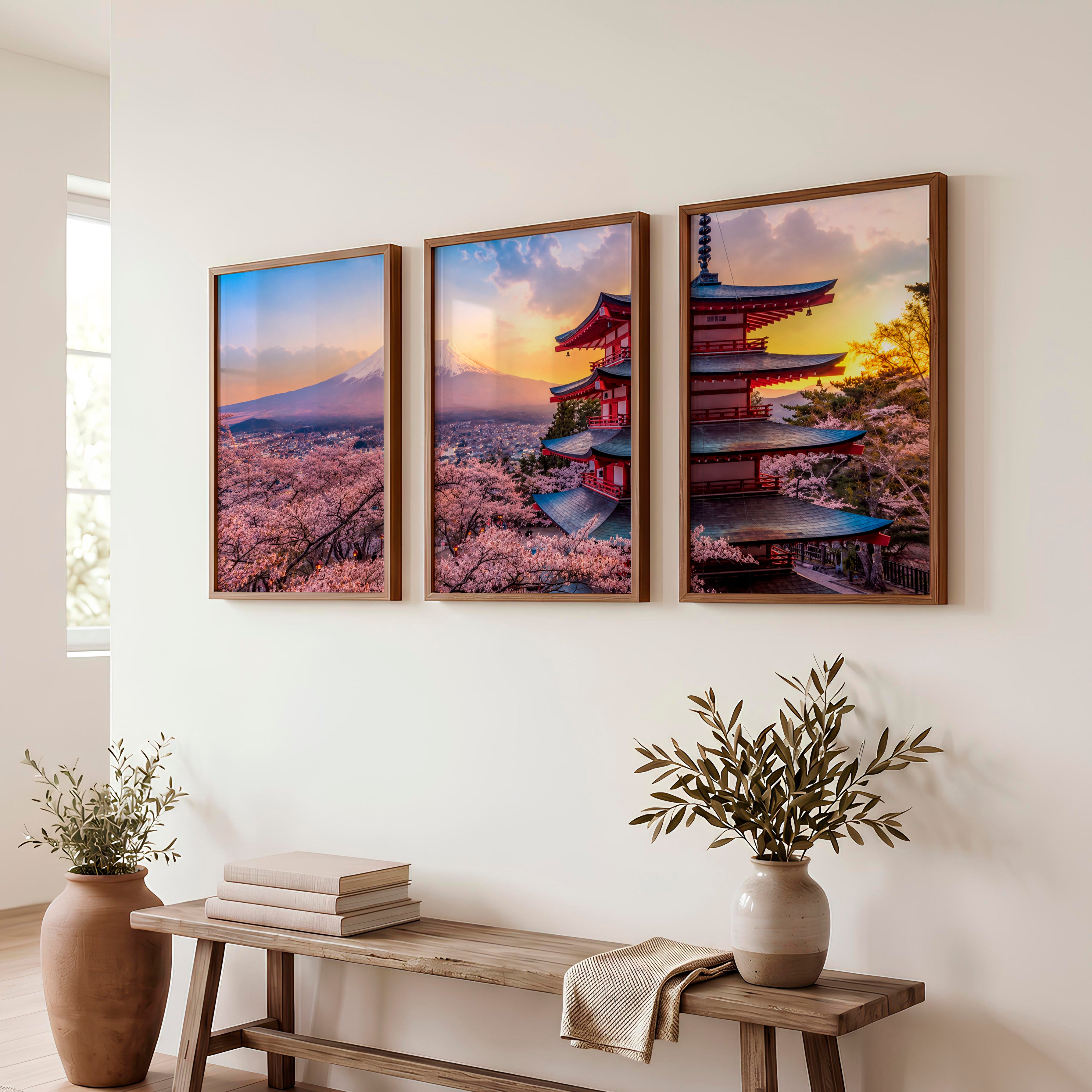 Japanese Art Simple Mountains with Bamboo Forest Set - Dark Brown Framed Poster No Border - Artworksets
