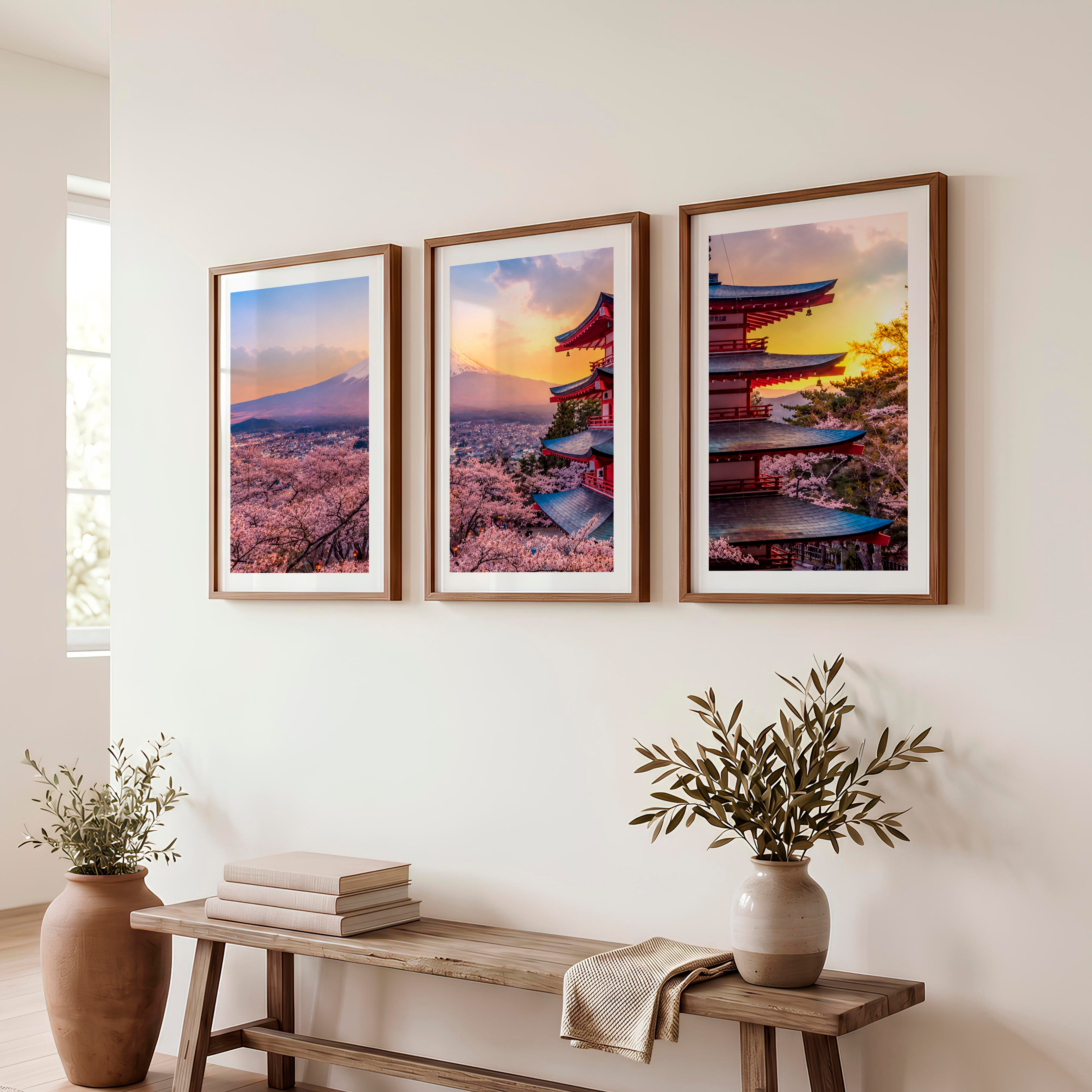 Japanese Art Simple Mountains with Bamboo Forest Set - Dark Brown Framed Poster with White Border - Artworksets