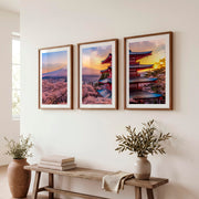 Japanese Art Simple Mountains with Bamboo Forest Set - Dark Brown Framed Poster with White Border - Artworksets