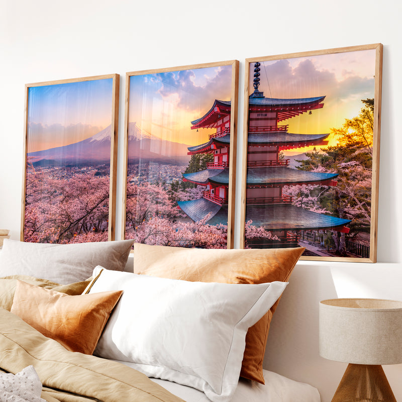 Japanese Art Simple Mountains with Bamboo Forest Set - Natural Wood Framed Poster No Border - Artworksets