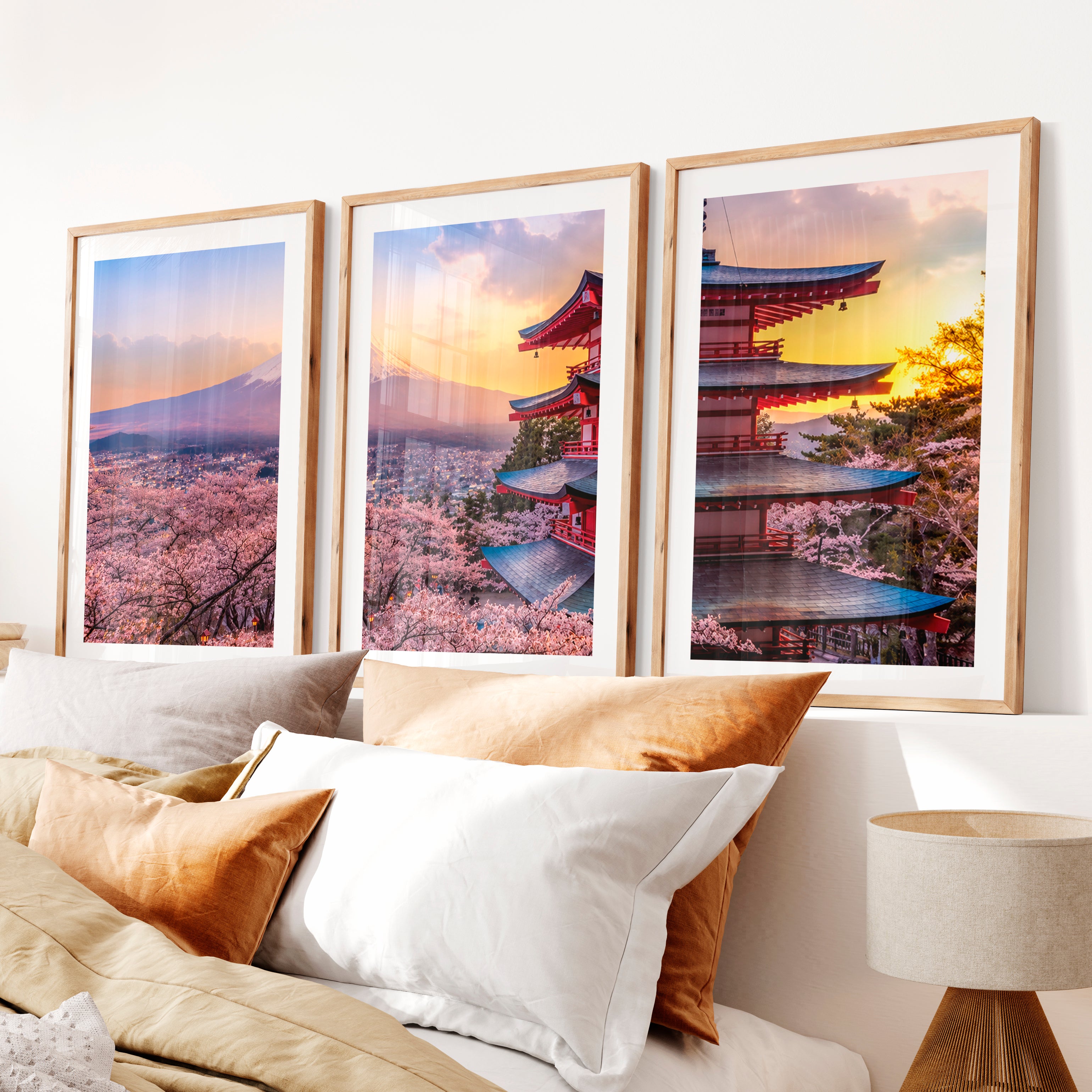 Japanese Art Simple Mountains with Bamboo Forest Set- Natural Wood Framed Poster with White Border - Artworksets