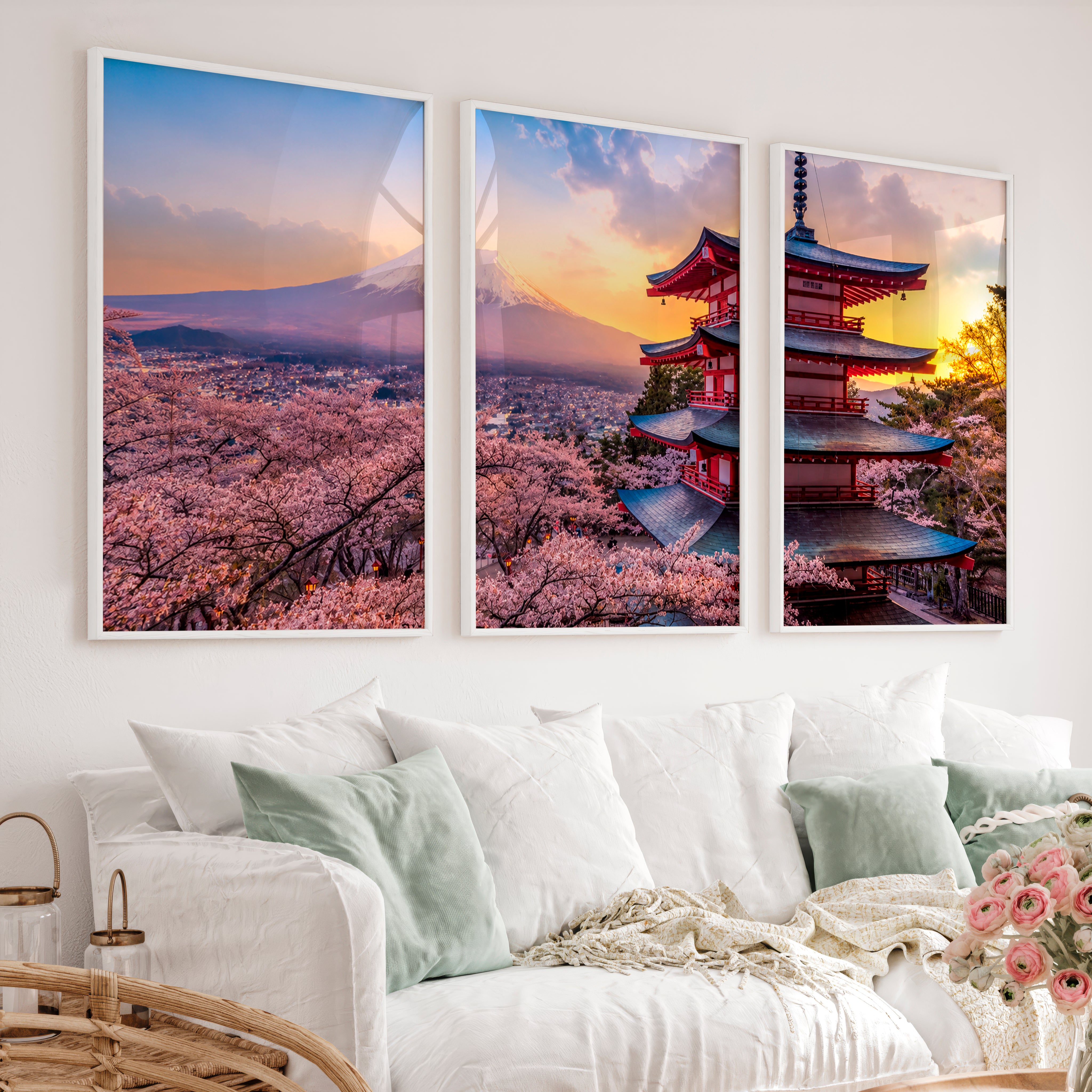 Japanese Art Simple Mountains with Bamboo Forest Set - White Framed Poster No Border - Artworksets