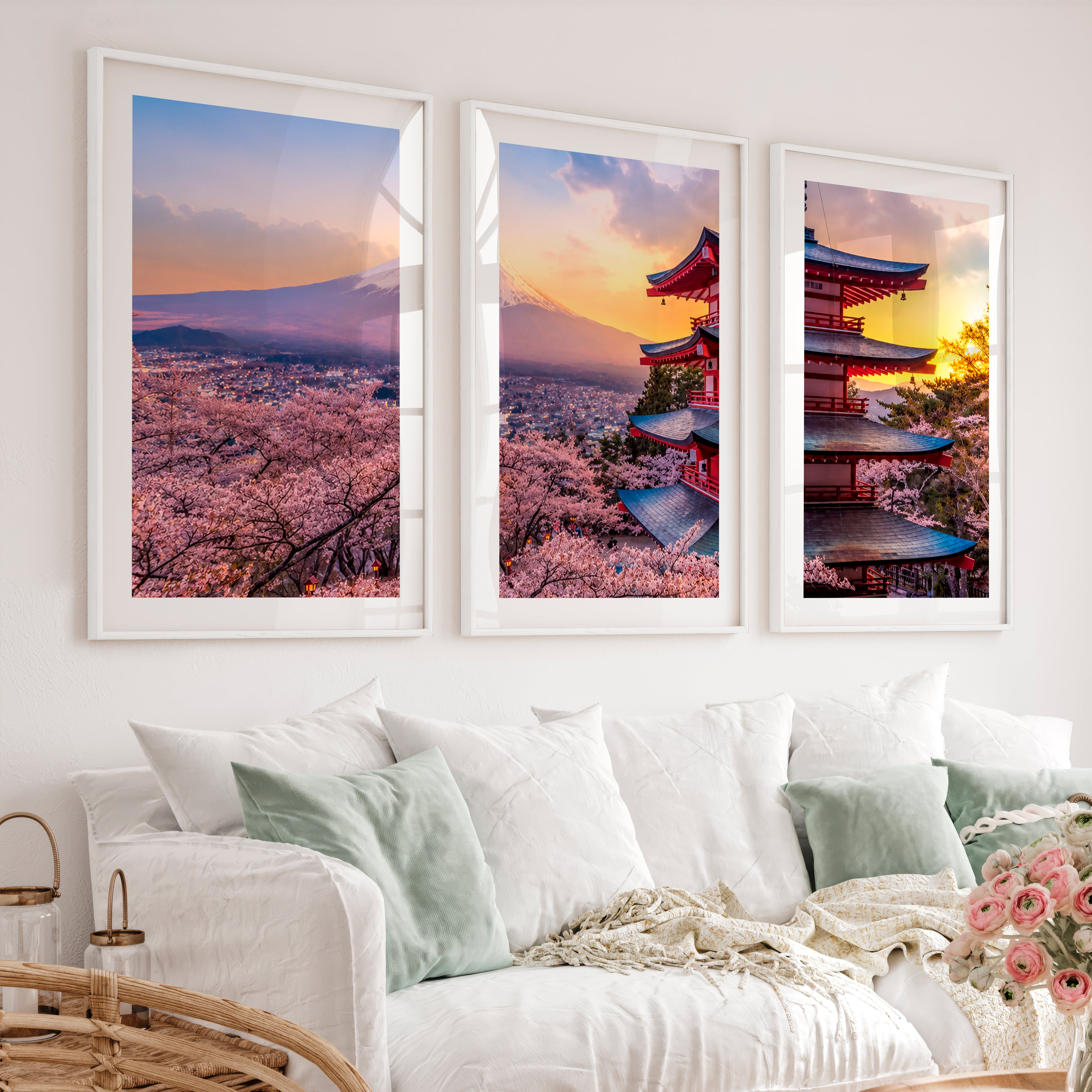 Japanese Art Simple Mountains with Bamboo Forest Set - White Framed Poster with White Border - Artworksets